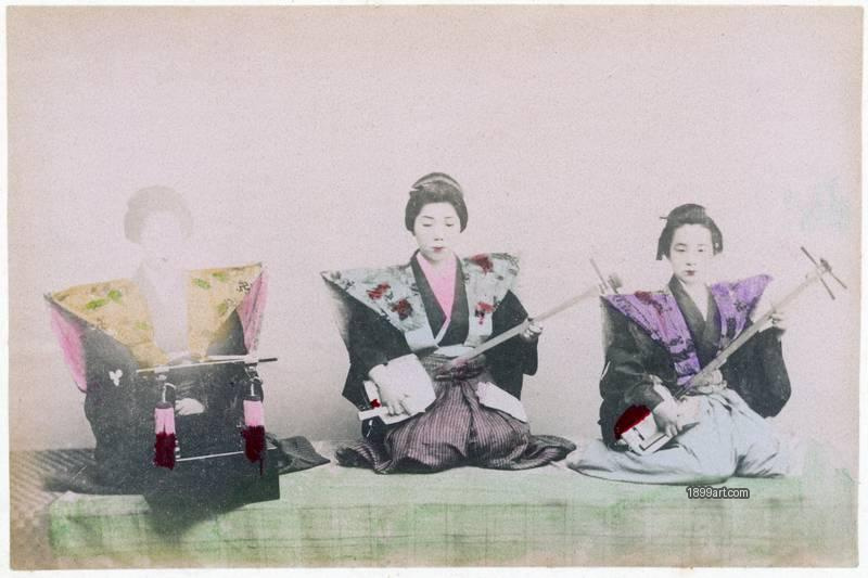 1899art Three Maiko Playing the Shamisen Japan, c. 1890s Handcolored 1899art. Historical photograph from the 1899art Archive.