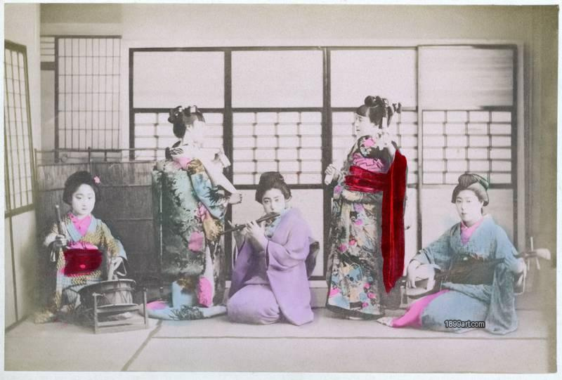 1899art Japan Group of Maiko Musicians in a Tatami Interior 1900s 1899art. Historical photograph from the 1899art Archive.