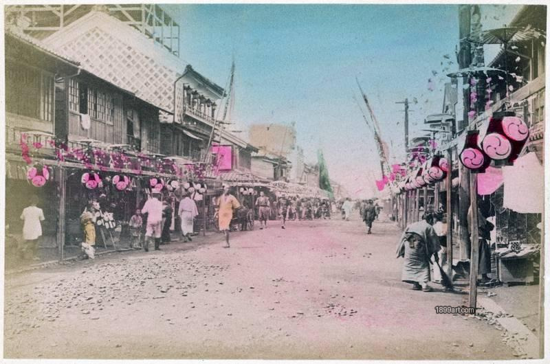 1899art Festival Lanterns on a Street in Yokohama, Japan, c. 1895–1905 Handcolored 1899art. Historical photograph from the 1899art Archive.