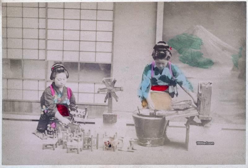 1899art Women Manufacturing Thread Indoors, Japan, c. 1895–1905 Handcolored Enami 1899art. Historical photograph from the 1899art Archive.