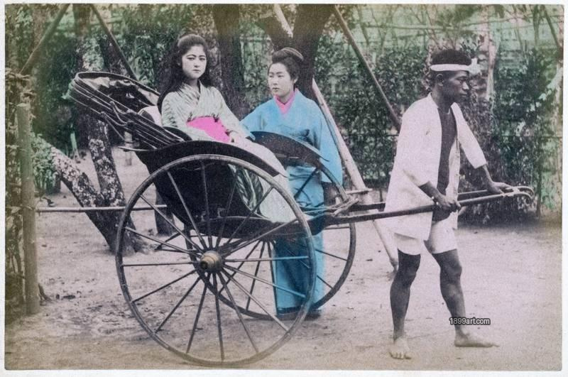 1899art Rickshaw with Two Female Passengers and Puller, Japan, c. 1895–1905 Handcolored 1899art. Historical photograph from the 1899art Archive.