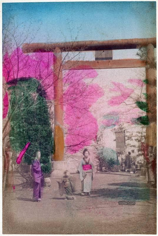 1899art Japan Torii Gate with Pagoda in the Background, Ueno Park, Tokyo Handcolored 1900s 1899art. Historical photograph from the 1899art Archive.