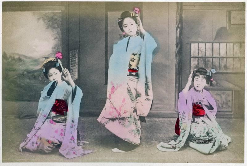 1899art Maiko Performing a Traditional Dance – Studio Scene, Japan, c. 1900 Handcolored 1900s 1899art. Historical photograph from the 1899art Archive.