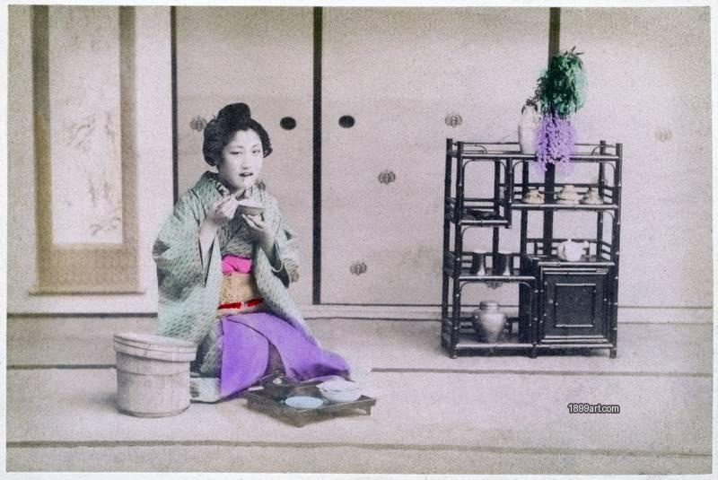 1899art Japan Maiko Drinking Tea in a Tatami Interior 1900s 1899art. Historical photograph from the 1899art Archive.
