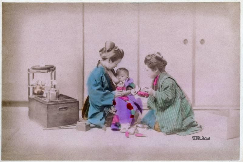 1899art Japanese Women and Baby B1180 – Nursing Child Handcolored 1900s 1899art. Historical photograph from the 1899art Archive.
