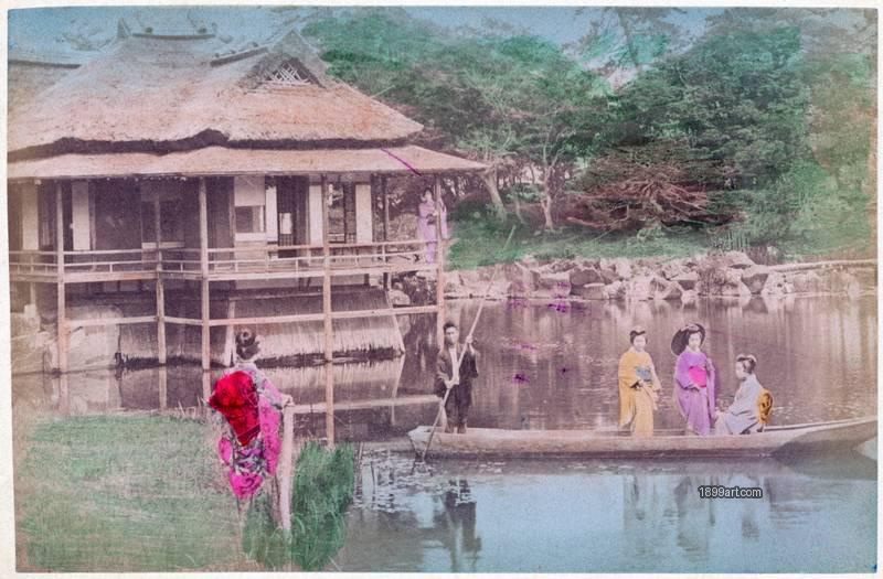 1899art Women in a Boat at Prince Hotta’s Garden, Tokyo, Japan. Handcolored 1900s 1899art. Historical photograph from the 1899art Archive.