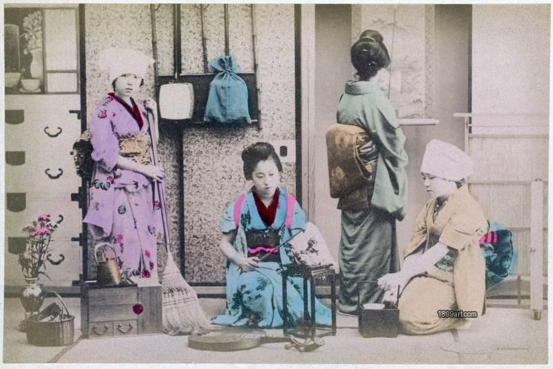 1899art Y76 – Girls Dusting in Room (Maiko Models) Handcolored 1900s 1899art. Historical photograph from the 1899art Archive.