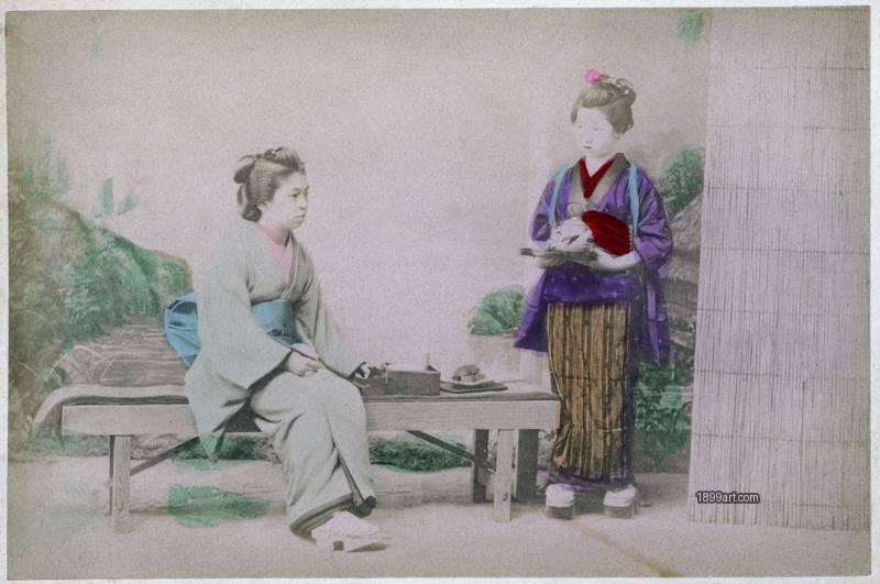 1899art Japan Young Maikos in a Tea House Scene Handcolored 1900s 1899art. Historical photograph from the 1899art Archive.