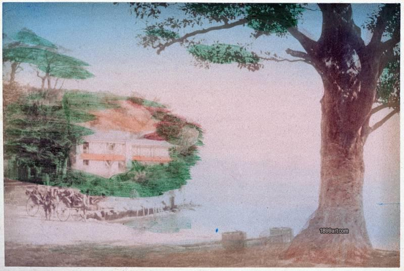 1899art Honmoku Coast, Yokohama — View with Tree and Carriages Handcolored 1900s 1899art. Historical photograph from the 1899art Archive.