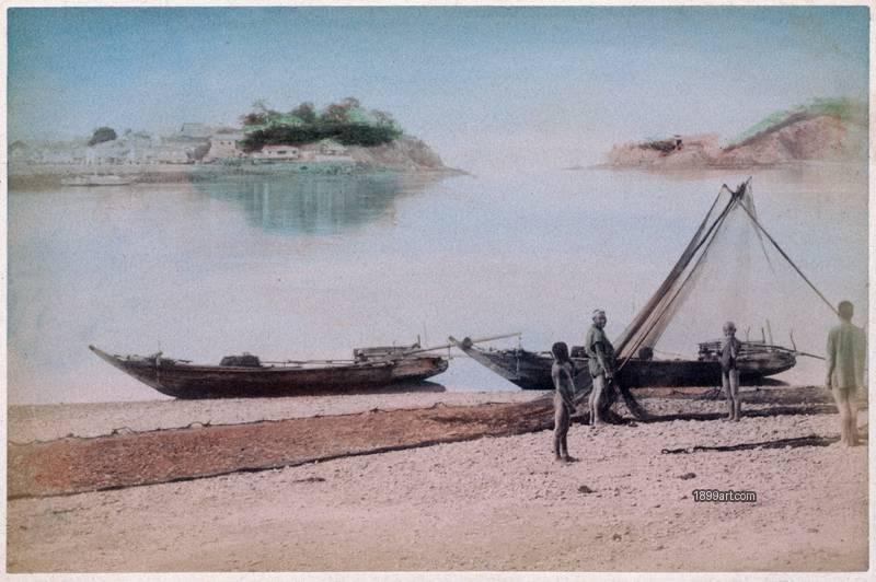 1899art Fishing Boats and Fishermen at Bingo, Japan Handcolored 1900s 1899art. Historical photograph from the 1899art Archive.