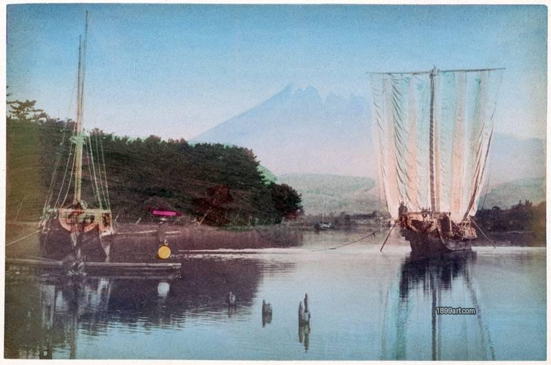 1899art Sailboats on Calm Water with Mount Fuji in the Distance Handcolored 1900s 1899art. Historical photograph from the 1899art Archive.