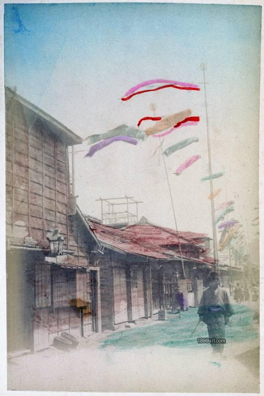 1899art Street Scene with Koinobori (Carp Streamers), Japan Handcolored 1900s 1899art. Historical photograph from the 1899art Archive.
