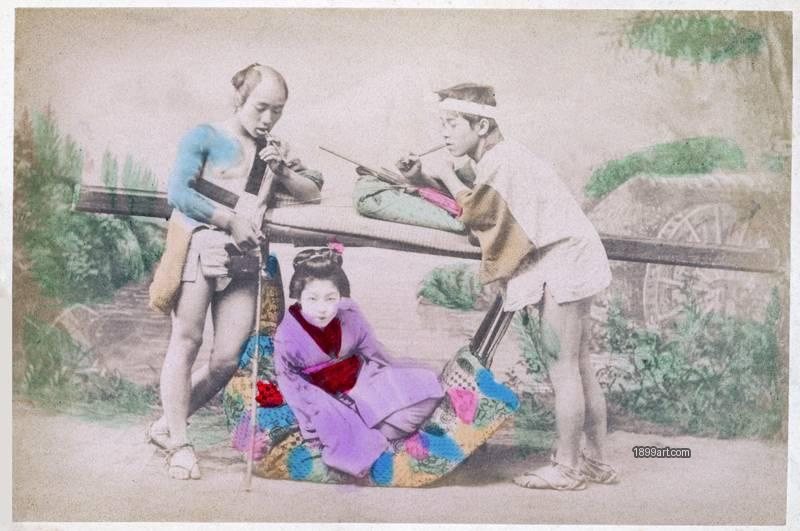 1899art B.1158 – Kago (Travelling Chair): Japanese Woman Carried in a Sedan Chair with Attendants, circa 1890 Handcolored 1899art. Historical photograph from the 1899art Archive.