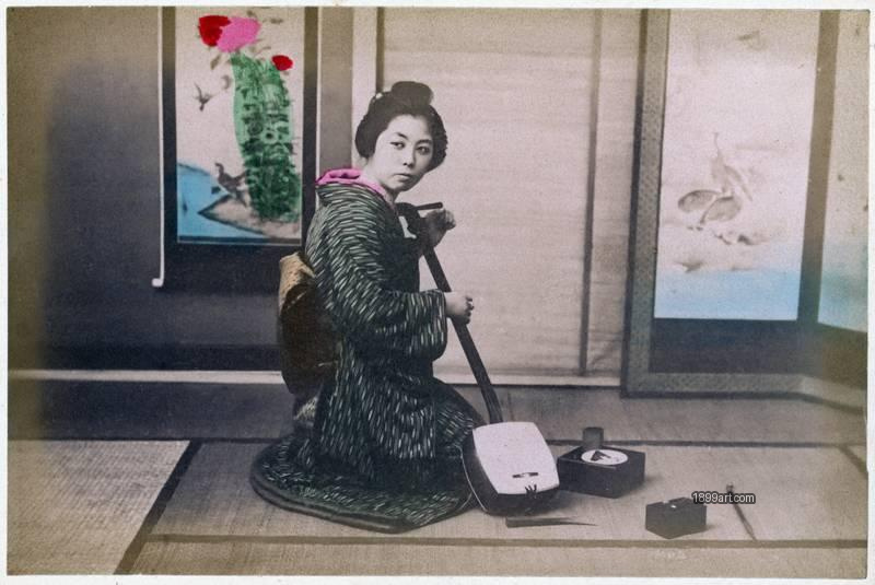 1899art Japan. Girl with Shamisen (Model “Seiren”), No. 1042 Handcolored 1900s 1899art. Historical photograph from the 1899art Archive.