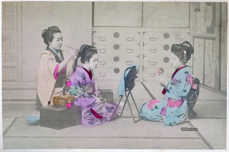 1899art Japan B 1218 – Tokoyama Dressing the Hair of Two Maiko (Girls Dressing Hair) Handcolored 1899art. Historical photograph from the 1899art Archive.