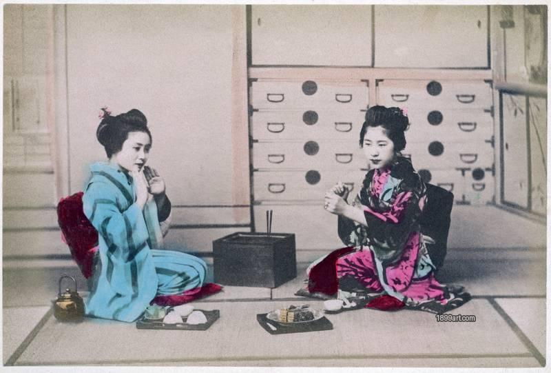 1899art Japan. B 1212 — “Girls Playing Ken (Game)” Handcolored 1900s 1899art. Historical photograph from the 1899art Archive.