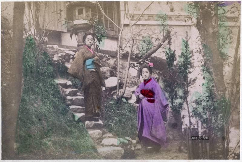 1899art Two Meiko descending in Garden. No. 468 – Ryoudo’s Garden at Nunobiki Falls, Kobe, Japan. 1900s 1899art. Handcolored. Historical photograph from the 1899art Archive.