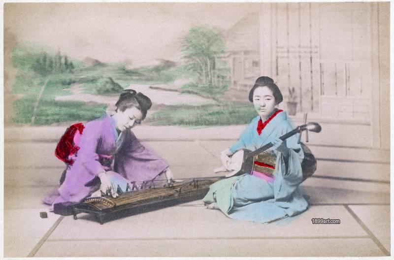 1899art Japan Maiko Musicians Performing Koto and Shamisen Handcolored 1900s 1899art. Historical photograph from the 1899art Archive.