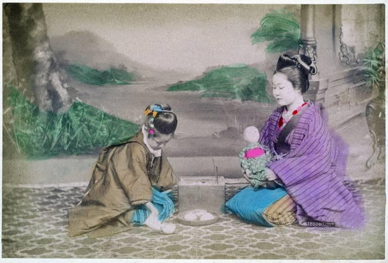 1899art Japan Two Maiko with Doll in a Tatami Interior 1900s 1899art. Historical photograph from the 1899art Archive.