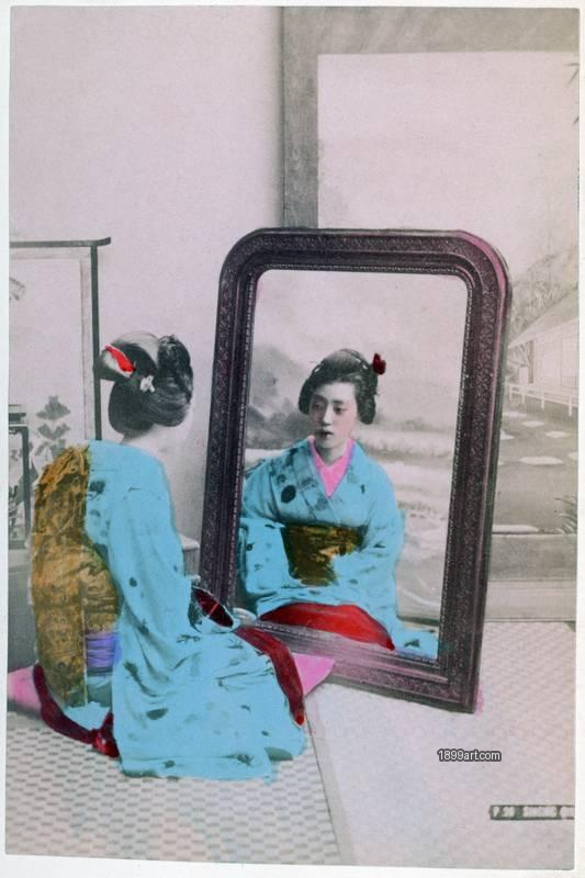1899art Japan Young Geisha Seated Before a Mirror Handcolored 1900s Kimbei 1899art. Historical photograph from the 1899art Archive.