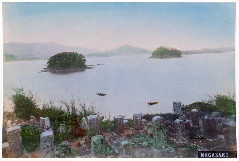 1899art Japan Nagasaki – Coastal View with Cemetery, c. 1890 Handcolored 1899art. Historical photograph from the 1899art Archive.