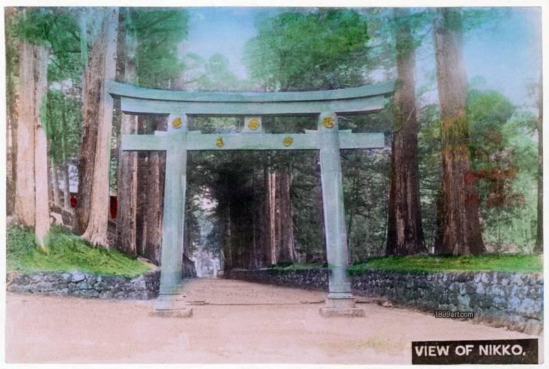 1899art Japan Nikkō – Torii Gate in the Cedar Forest, c. 1890 Handcolored 1900s 1899art. Historical photograph from the 1899art Archive.