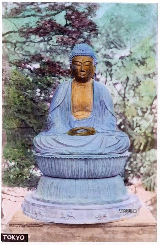 1899art Japan, Tokyo – Amida Buddha Statue, c. 1890 Handcolored 1899art. Historical photograph from the 1899art Archive.