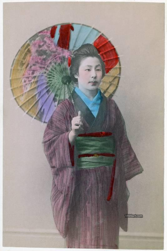 1899art Japan – Geisha with Paper Umbrella, c. 1890 Handcolored 1899art. Historical photograph from the 1899art Archive.