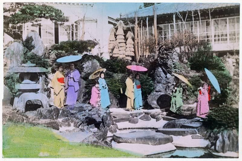 1899art Japan Prince Hotta’s Garden – Maiko in a Landscaped Garden, c. 1890 Handcolored 1899art. Historical photograph from the 1899art Archive.