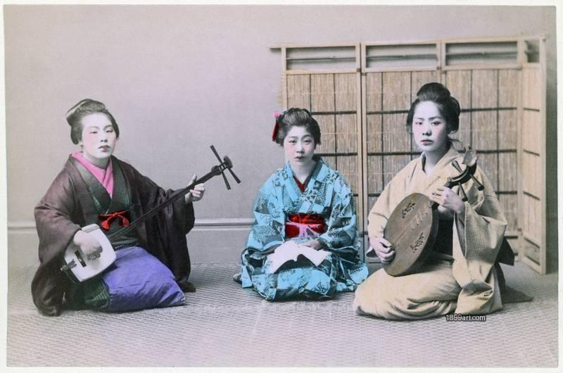 1899art Japan Maiko with Traditional Musical Instruments, c. 1890 Handcolored Enami 1899art. Historical photograph from the 1899art Archive.