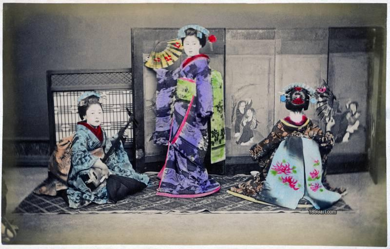 1899art Japan Three maiko in formal attire posed in a studio interior, Japan, late Meiji period 1899art. Historical photograph from the 1899art Archive.