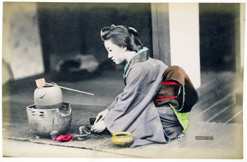 1899art Young girl preparing tea, Japan, Meiji period (c. 1890s) 1899art. Historical photograph from the 1899art Archive.