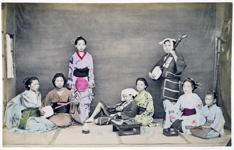1899art Group of Meiko with a Young Music Student in a Studio Interior, Japan, c. 1890–1900 Handcolored 1900s 1899art. Historical photograph from the 1899art Archive.