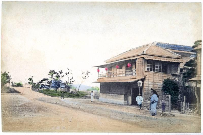 1899art Japan A roadside teahouse or inn near a bridge in Yokohama, Japan Handcolored 1900s 1899art. Historical photograph from the 1899art Archive.