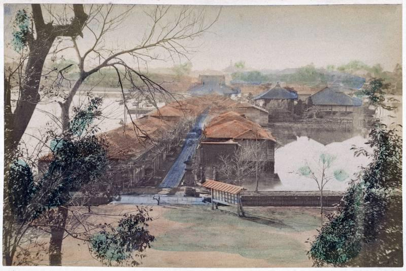 1899art Bridge and inner compounds near a castle complex, Japan 1900s 1899art. Historical photograph from the 1899art Archive.