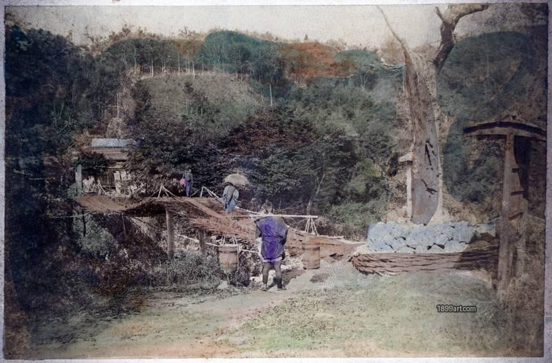 1899art Rural footbridge with porter carrying suspended vessels, Japan (Meiji period) 1899art. Historical photograph from the 1899art Archive.