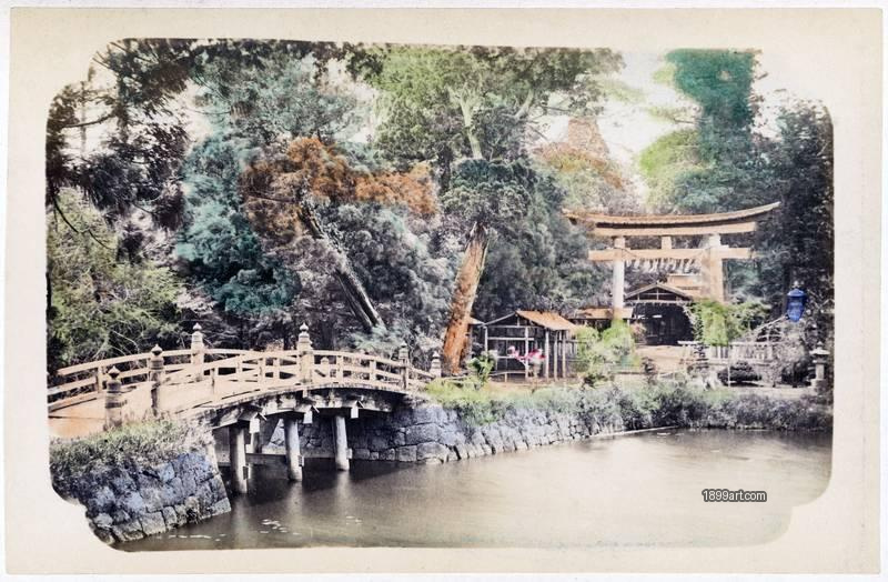1899art Japan, Bridge leading toward a Shinto torii gate Handcolored 1900s 1899art. Historical photograph from the 1899art Archive.