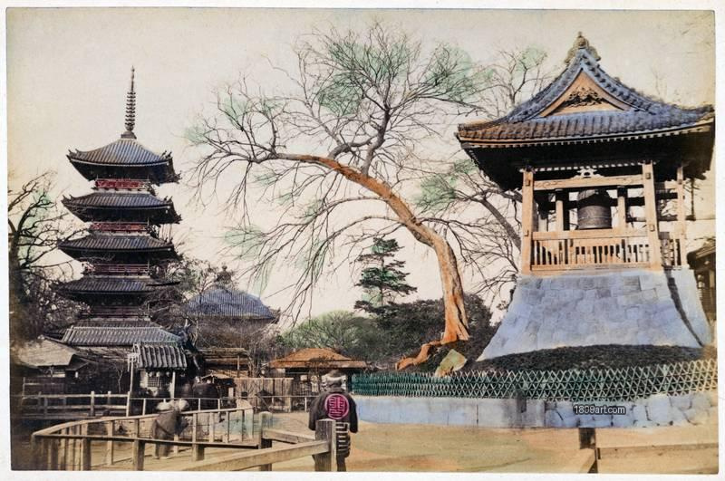 1899art Bell tower and five-storied pagoda at Benten-yama, Asakusa (Senso-ji), Tokyo, Japan. Handcolored 1900s 1899art. Historical photograph from the 1899art Archive.