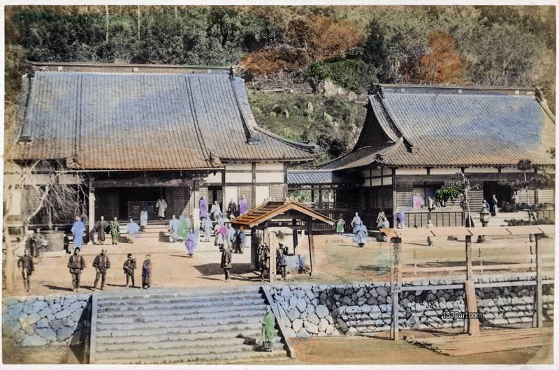 1899art Kenchō-ji Temple precinct with twin halls, Kamakura, Japan (late 19th century) Handcolored 1900s 1899art. Historical photograph from the 1899art Archive.