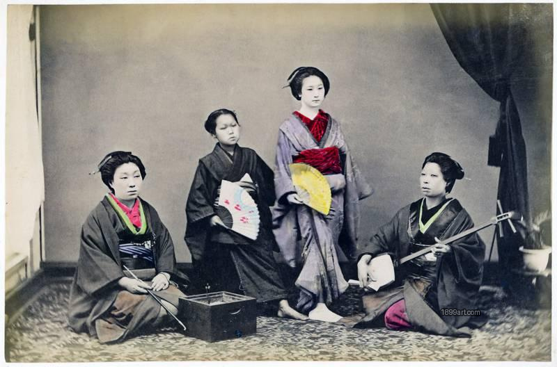 1899art Group of Meiko with Musical Instruments and Folding Fans – Studio Portrait, Japan, c. 1870s–1880s 1899art. Historical photograph from the 1899art Archive.