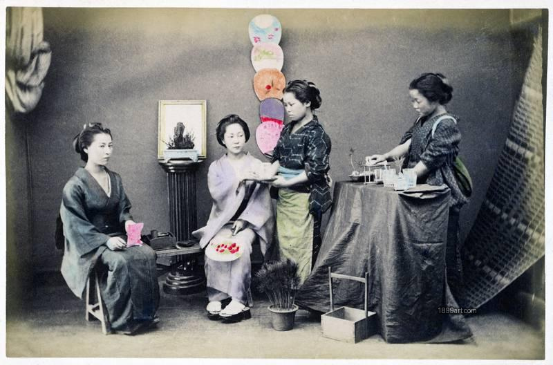 1899art Studio Scene of Women Preparing Confections and Tea, Japan Handcolored 1900s 1899art. Historical photograph from the 1899art Archive.