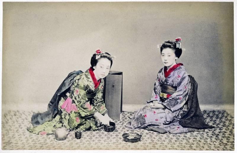 1899art Two Maiko Seated with Tea Utensils Handcolored 1900s 1899art. Historical photograph from the 1899art Archive.
