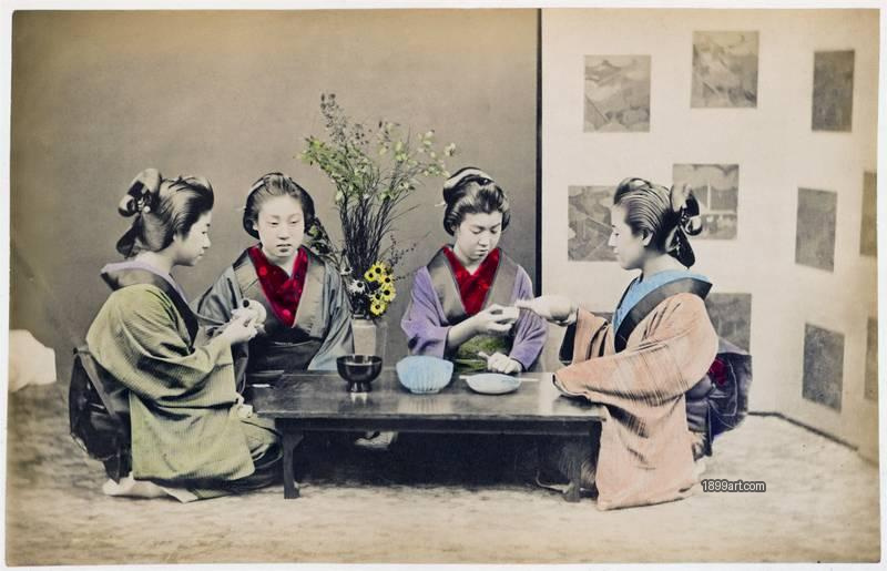 1899art Maiko Tea Practice in a Group Setting – Instructional Interior Scene, Japan, c. 1890–1900 1899art. Historical photograph from the 1899art Archive.