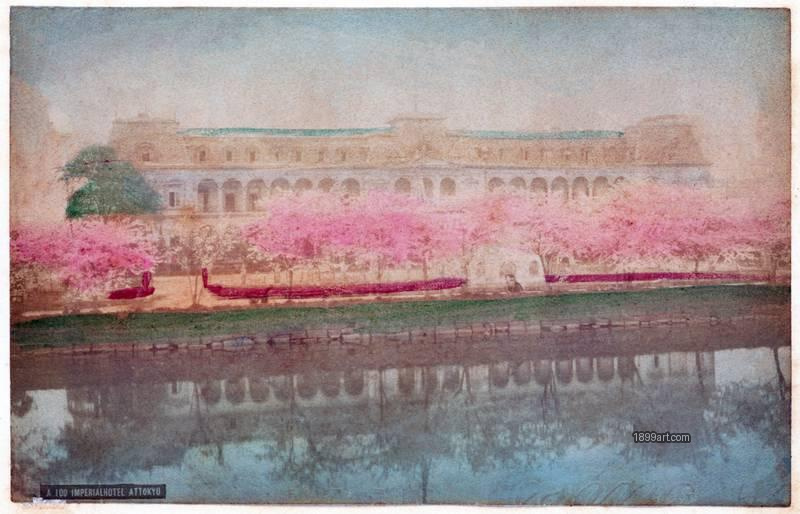 1899art Imperial Hotel in Tokyo during Cherry Blossom Season Handcolored 1900s 1899art. Historical photograph from the 1899art Archive.