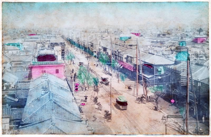 1899art Panoramic View of a Modernizing City Street, Japan Handcolored 1900s 1899art. Historical photograph from the 1899art Archive.
