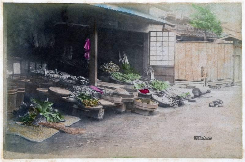 1899art JVegetable Stall on a Village Street, Japan Handcolored 1900s 1899art. Historical photograph from the 1899art Archive.