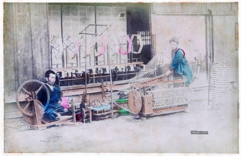 1899art Silk Spinning Workshop, Japan (Early Meiji Period) Handcolored 1899art. Historical photograph from the 1899art Archive.