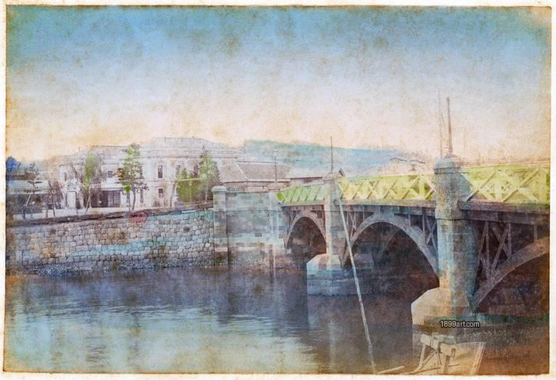 1899art Bentenbashi Bridge and early railway station at Yokohama, Japan 1899art. Historical photograph from the 1899art Archive.