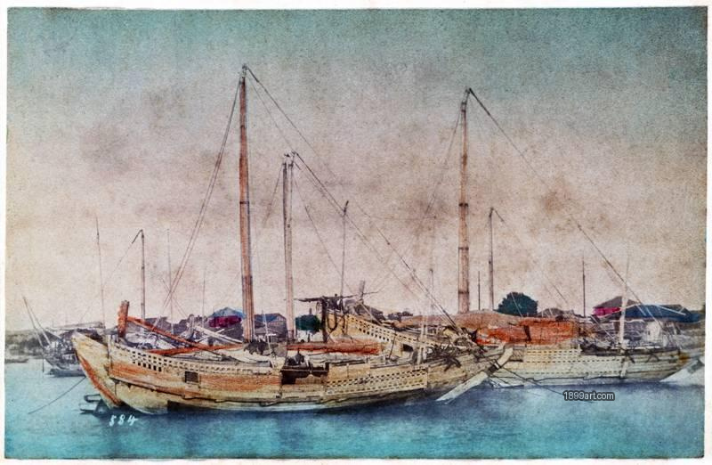 1899art No. 584 – traditional cargo boats anchored in a Japanese harbor 1899art. Historical photograph from the 1899art Archive.