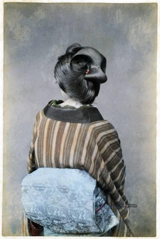 1899art Woman in kimono seen from behind, Meiji period Japan 1899art. Historical photograph from the 1899art Archive.